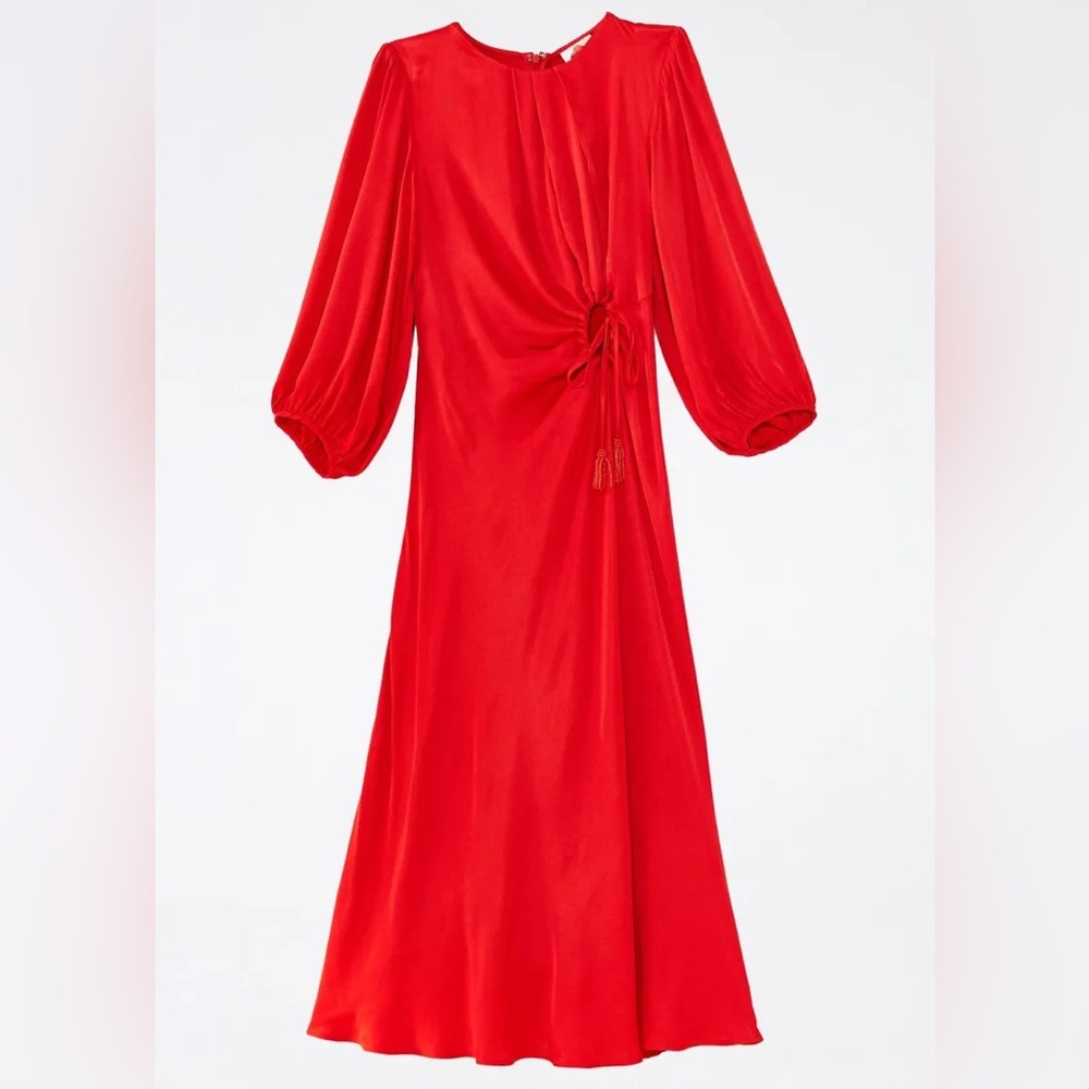 FARM Rio Vibrant Red Long-Sleeve Drawstring Midi Dress